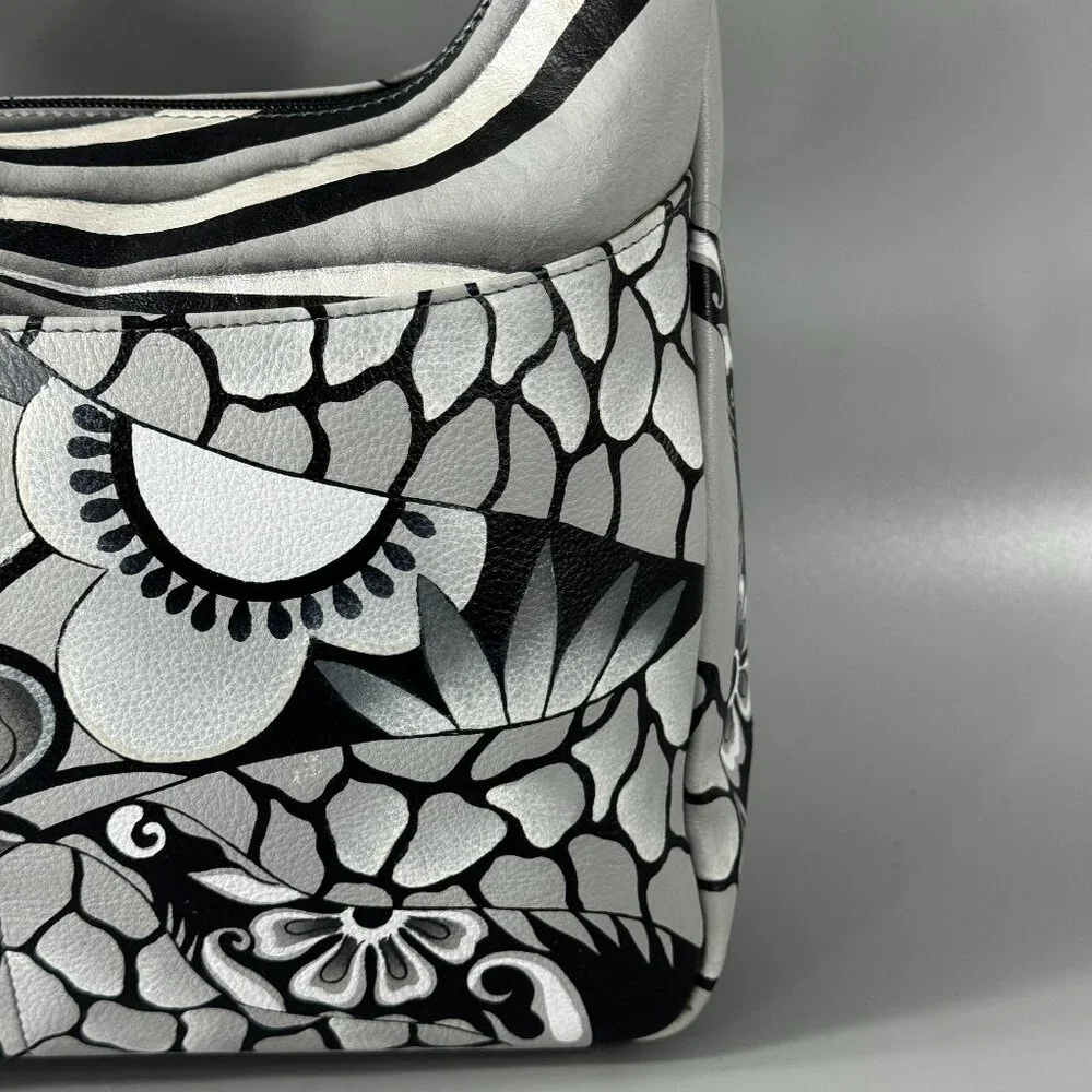 Anna by Anuschka Black/White Floral Leather Hobo Shoulder Bag - Picture 3 of 15